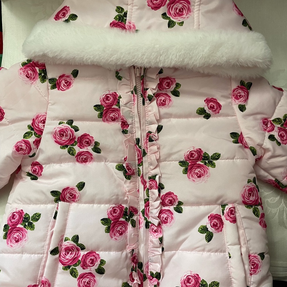 Five. Little me pink with roses quilted jacket with fleece lined hood
